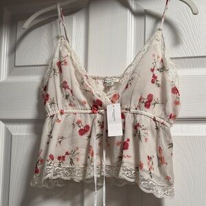 American Eagle Outfitters Floral Lace Trim Crop Top - White and Red